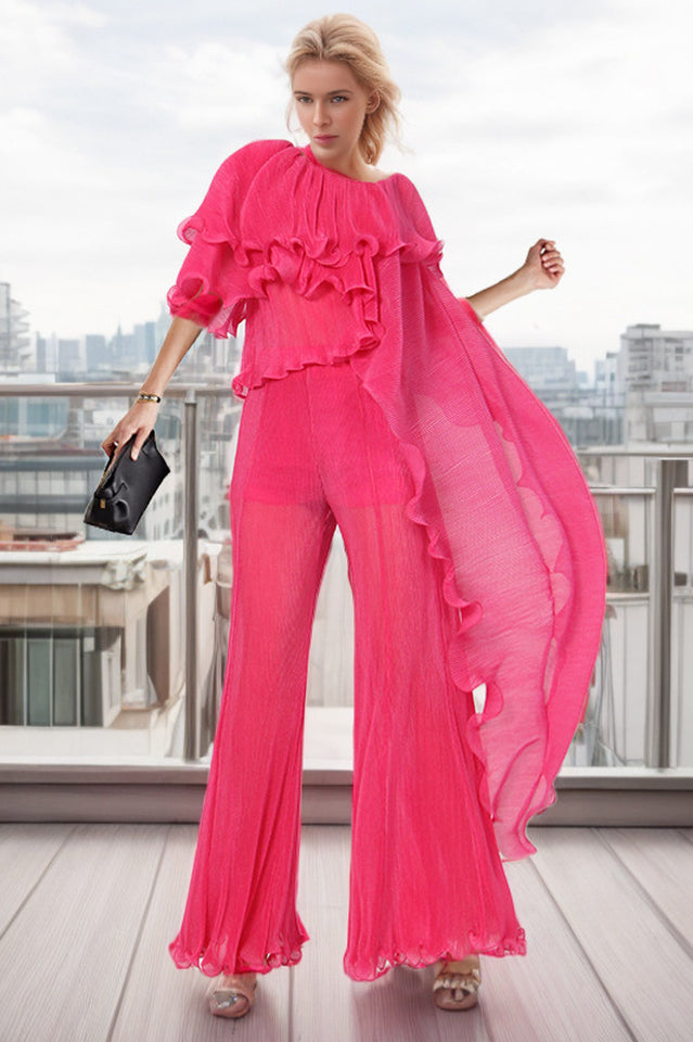 Ruffled Asymmetrical Hem Top and Pants Set