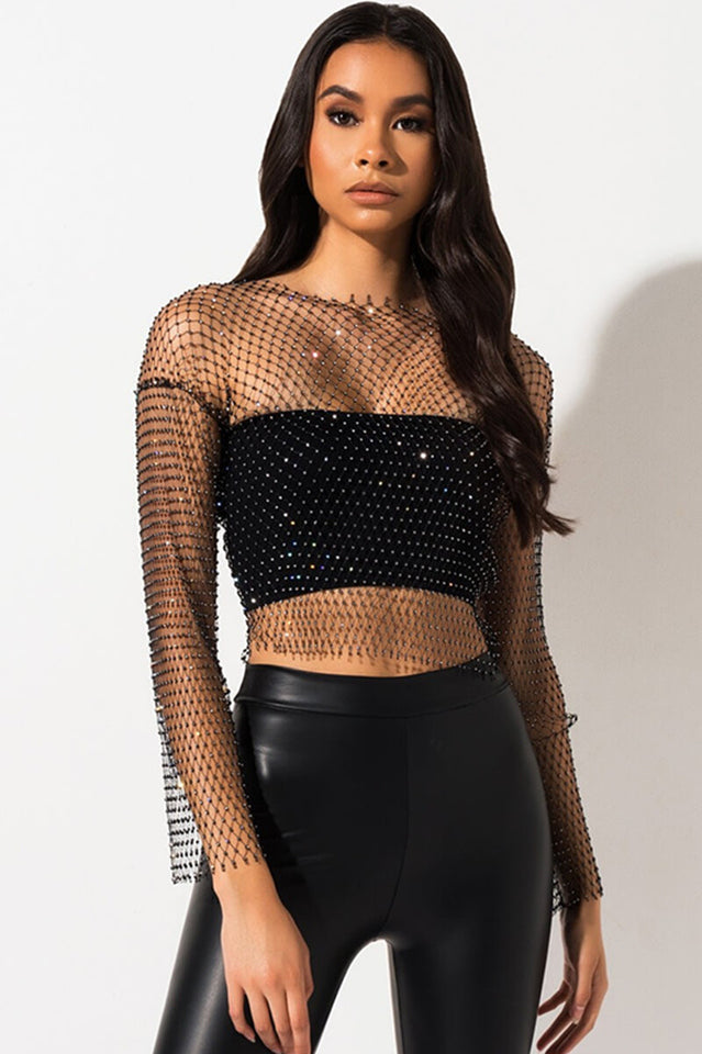 Black Stone Mesh Blouse with Elegant Sheer Sleeves