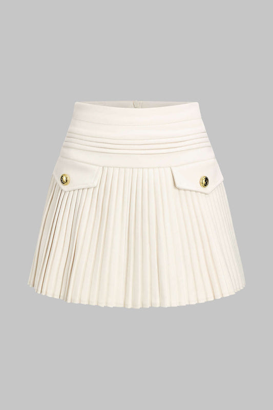 Pleated Button Zipper High Waist Skirt