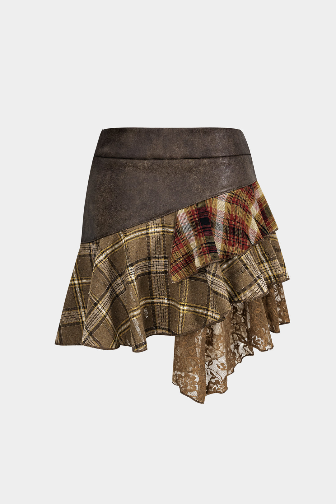 Plaid Print Faux Leather Patchwork Mini Skirt