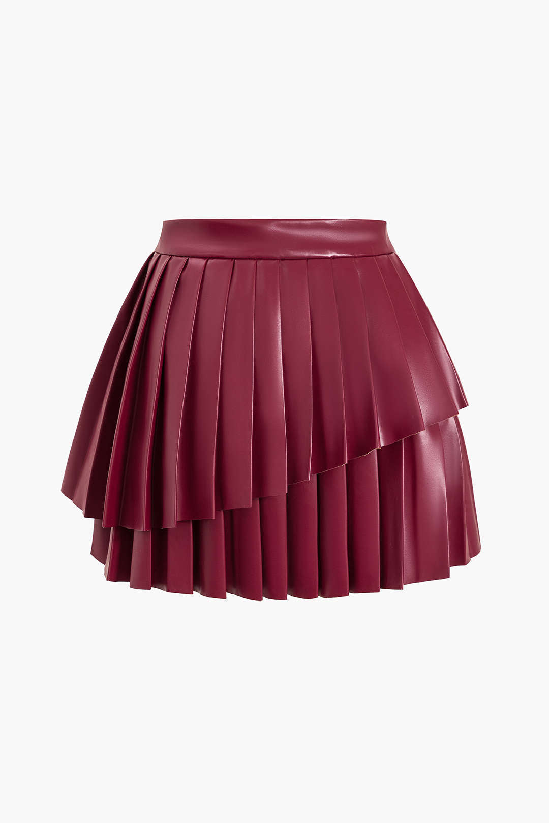 Solid Faux Leather Pleated Asymmetrical Skirt