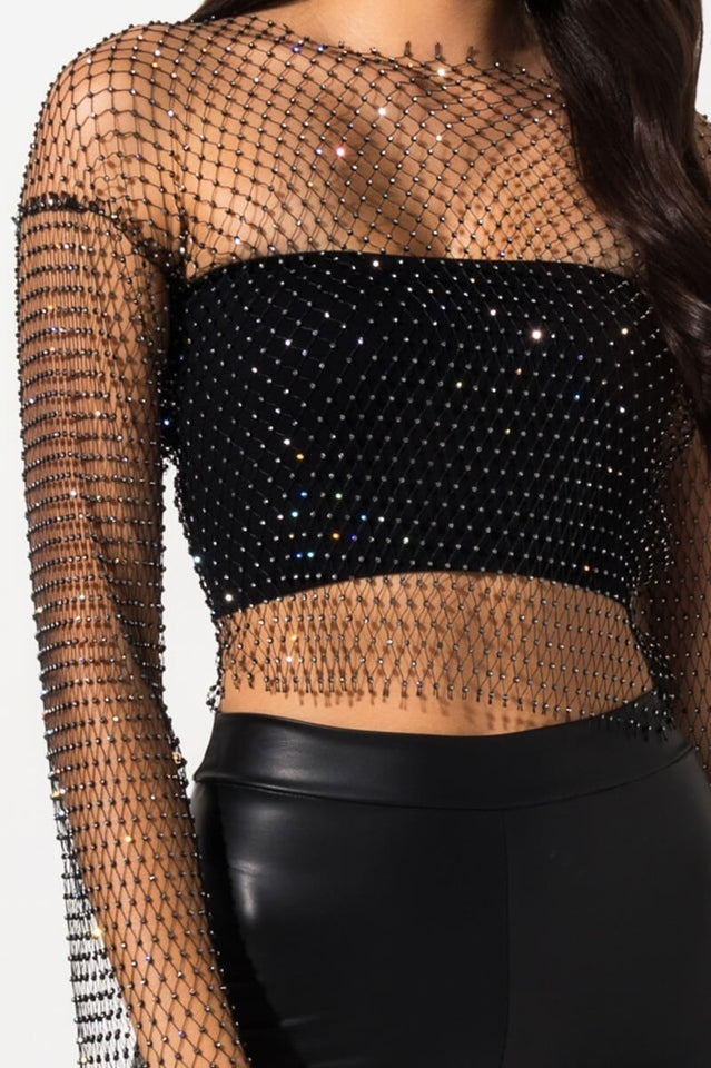 Black Stone Mesh Blouse with Elegant Sheer Sleeves