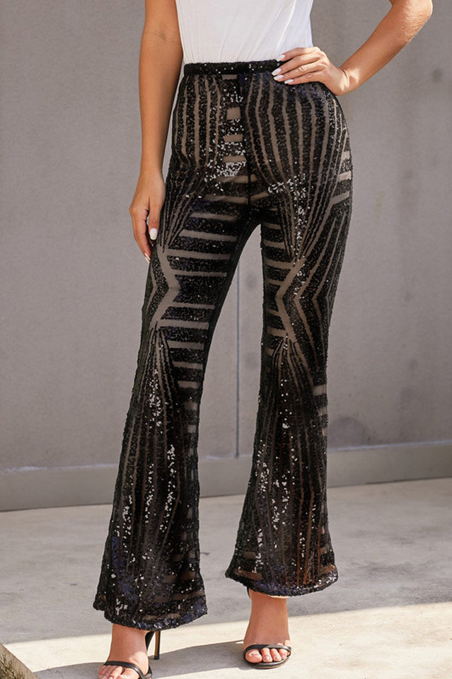 Sequin High Rise Flare Pants with Elastic Waist