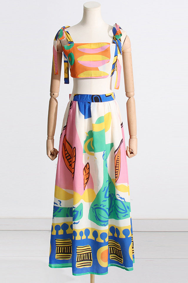 Printed Crop Top and A-Line Midi Skirt Set