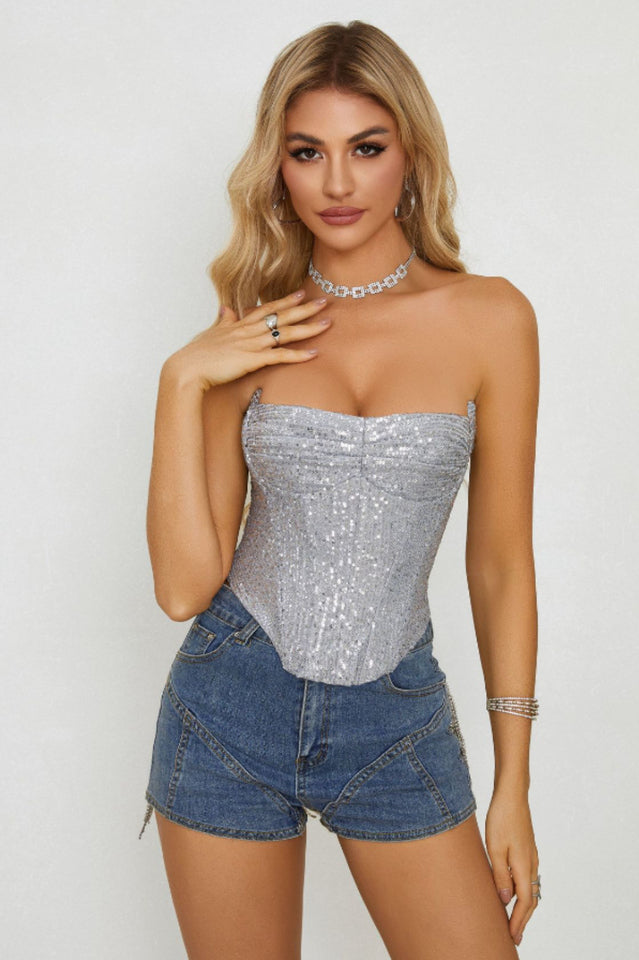 Light Beige Sequin Strapless Bustier Top