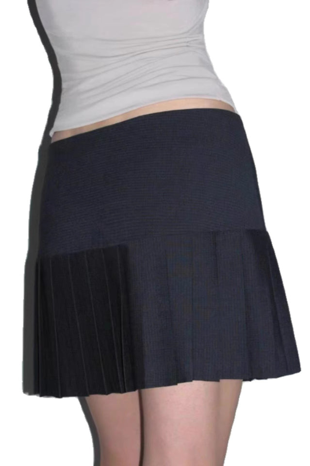 Navy Low Waist Pleated Plaid Skirt