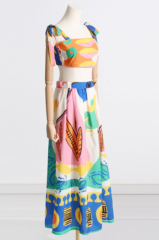 Printed Crop Top and A-Line Midi Skirt Set