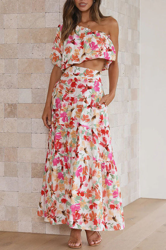 Floral One Shoulder Crop Top and Midi Skirt Set