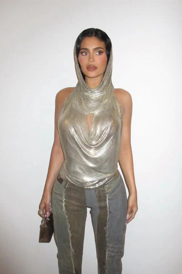 Metallic Mesh Hoodie Top