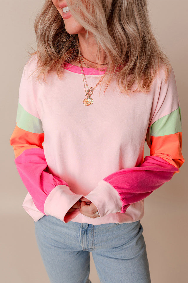 Colorblock Patchwork Long Sleeve Loose Top for Comfort