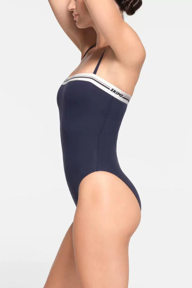 Logo Straight Neck Bodysuit with Striped Elastic Band