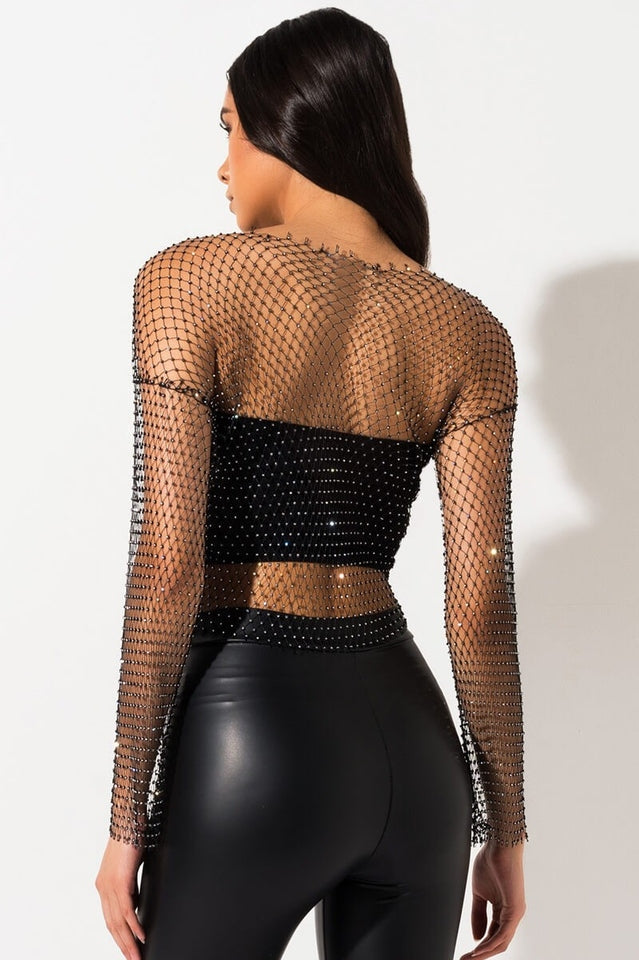 Black Stone Mesh Blouse with Elegant Sheer Sleeves