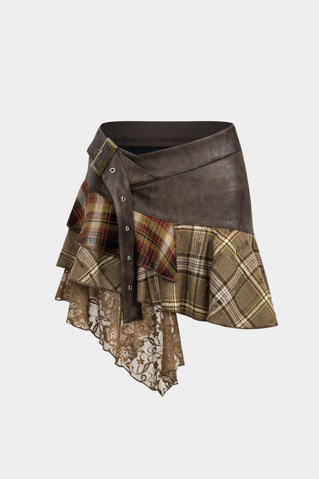 Plaid Print Faux Leather Patchwork Mini Skirt