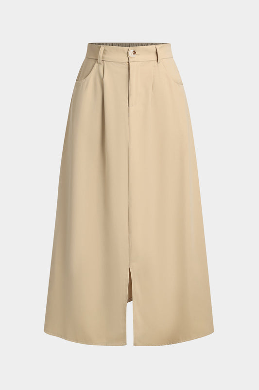 Pleated Button Pocket Slit Skirt in Cotton Blend