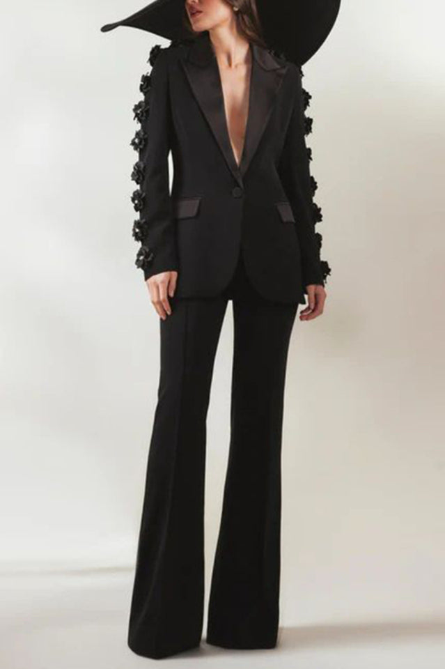 Flower Embellished Black Blazer with Satin Details