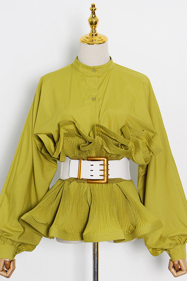 Lime Green Pleated Ruffle Waist Blouse