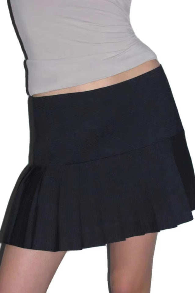 Navy Low Waist Pleated Plaid Skirt