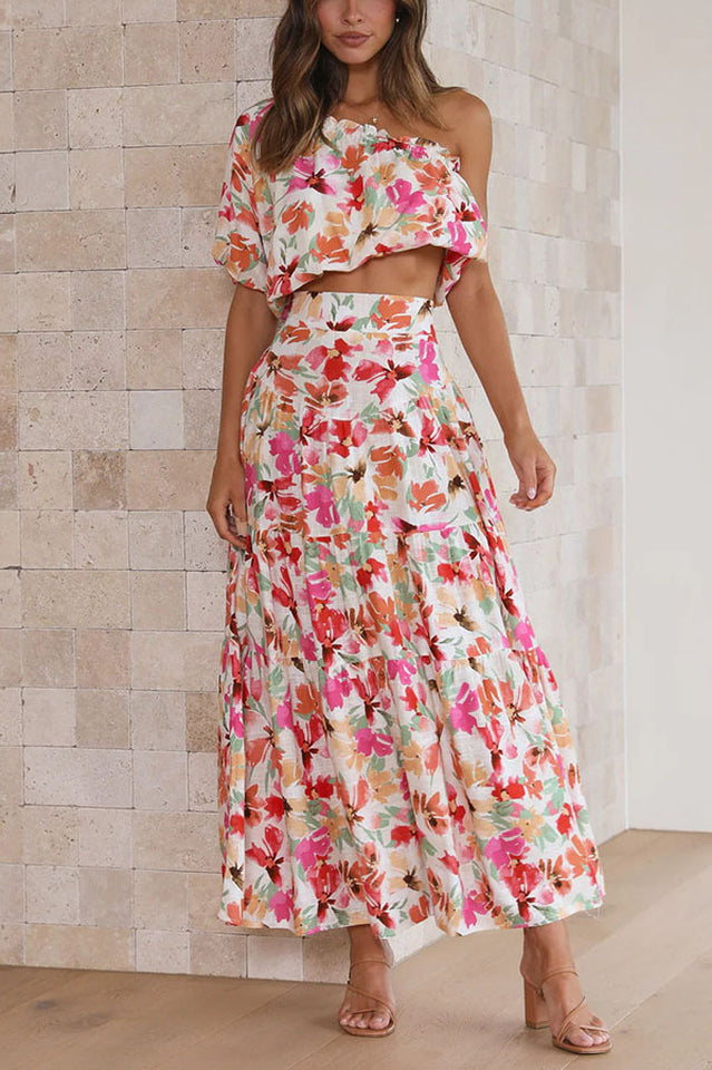 Floral One Shoulder Crop Top and Midi Skirt Set