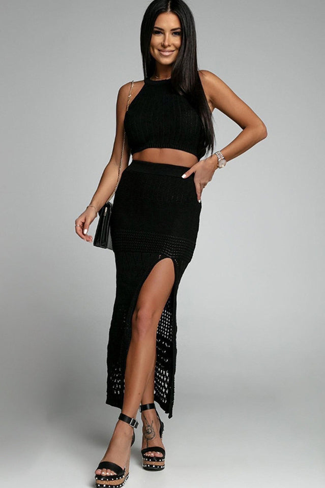 Black Crochet Knit Crop Top and Maxi Skirt Set