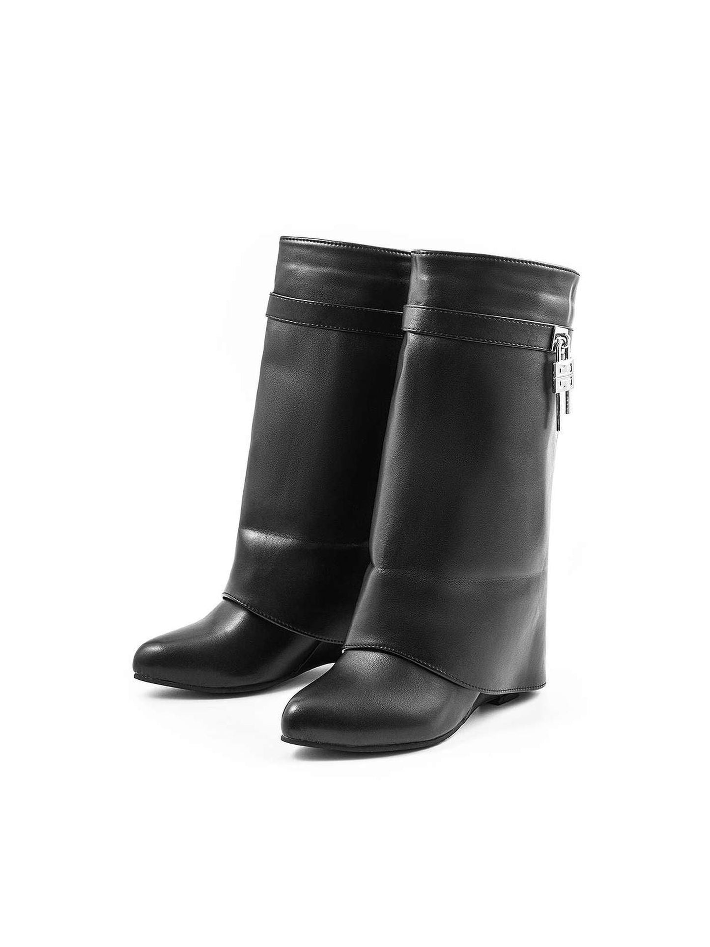 Faux Leather Metallic Zipper Mid Calf Boots