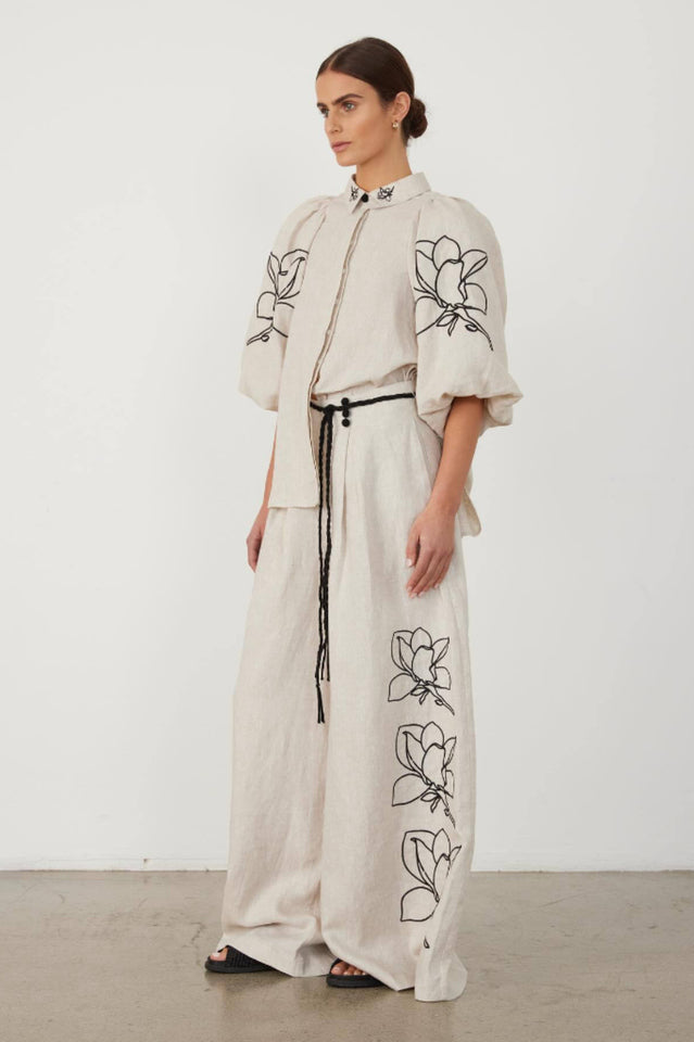 Lola Linen Embroidery Shirt And Wide-Leg Pants Set