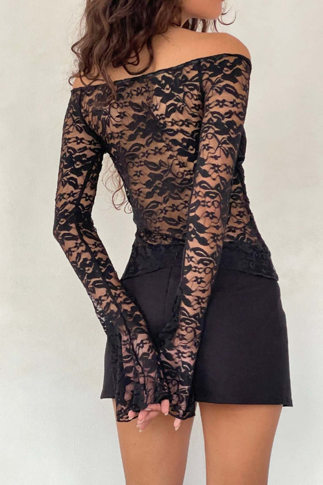 Black Floral Lace Bardot Top and Skirt Set