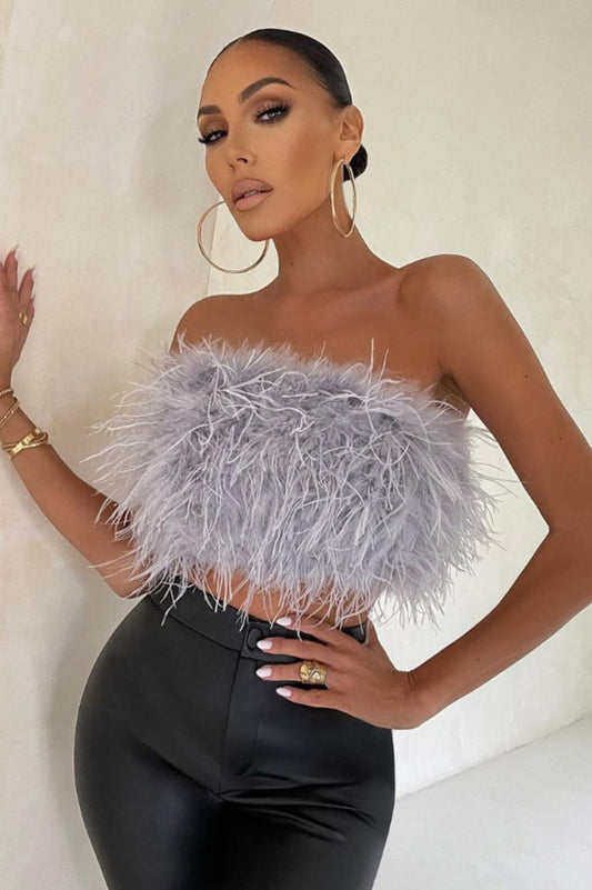 Fancy Strapless Feather Detail Crop Top