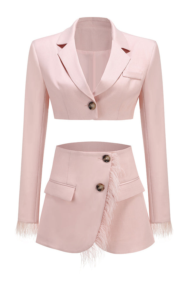 Blair Skirt Set With Feather-Embellished Jacket