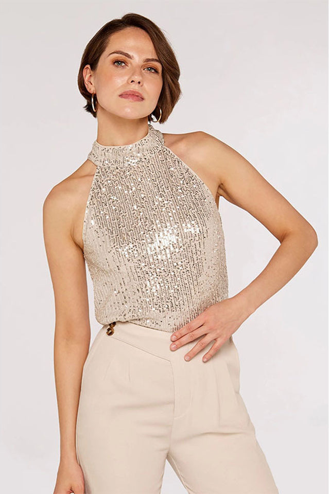 Apricot Sequin Halter Neck Top - Statement Shine Top