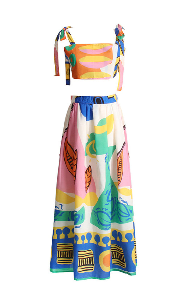 Printed Crop Top and A-Line Midi Skirt Set