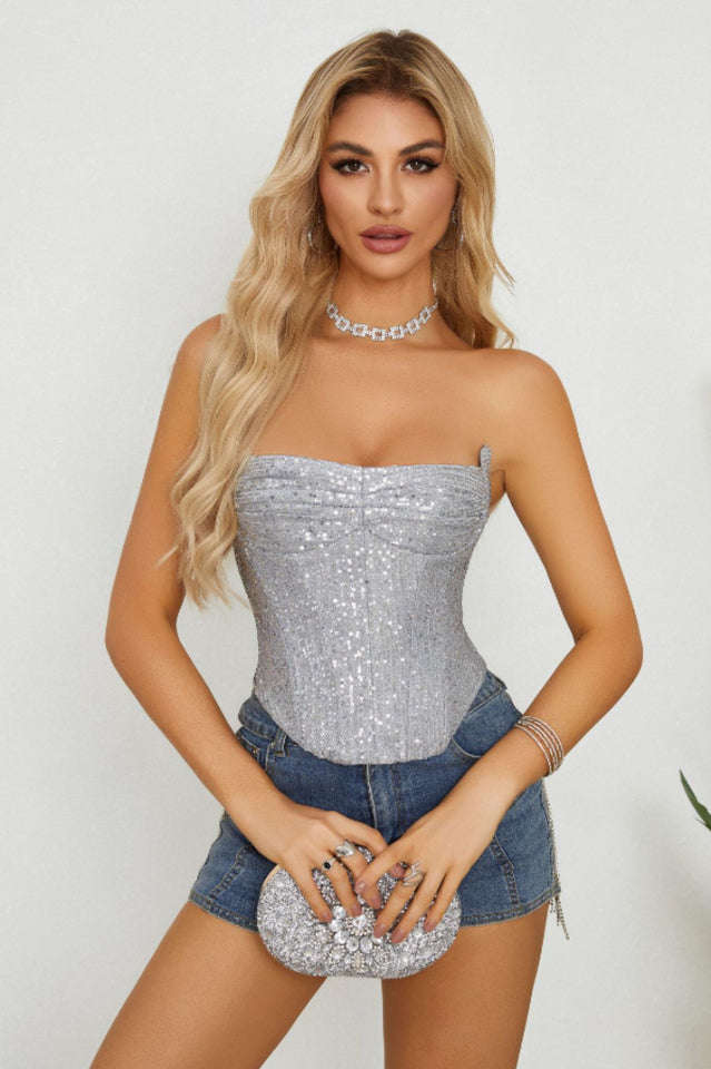 Light Beige Sequin Strapless Bustier Top