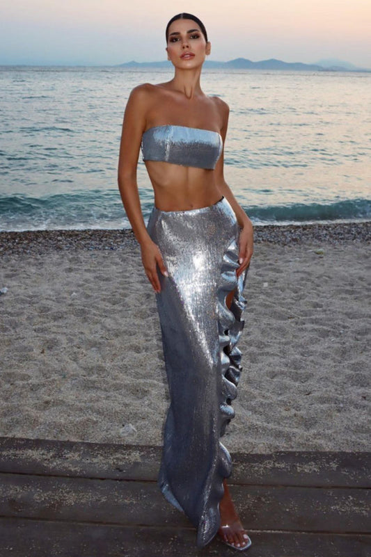 Sequined Bandeau Two Piece Suit in Silver