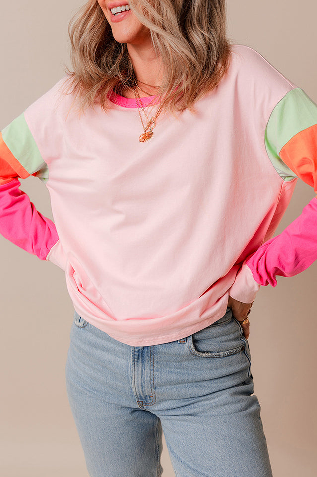 Colorblock Patchwork Long Sleeve Loose Top for Comfort