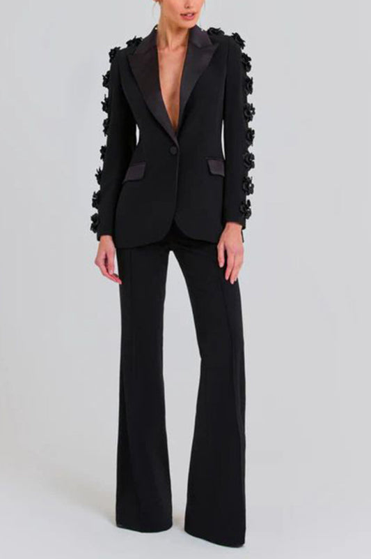 Flower Embellished Black Blazer with Satin Details