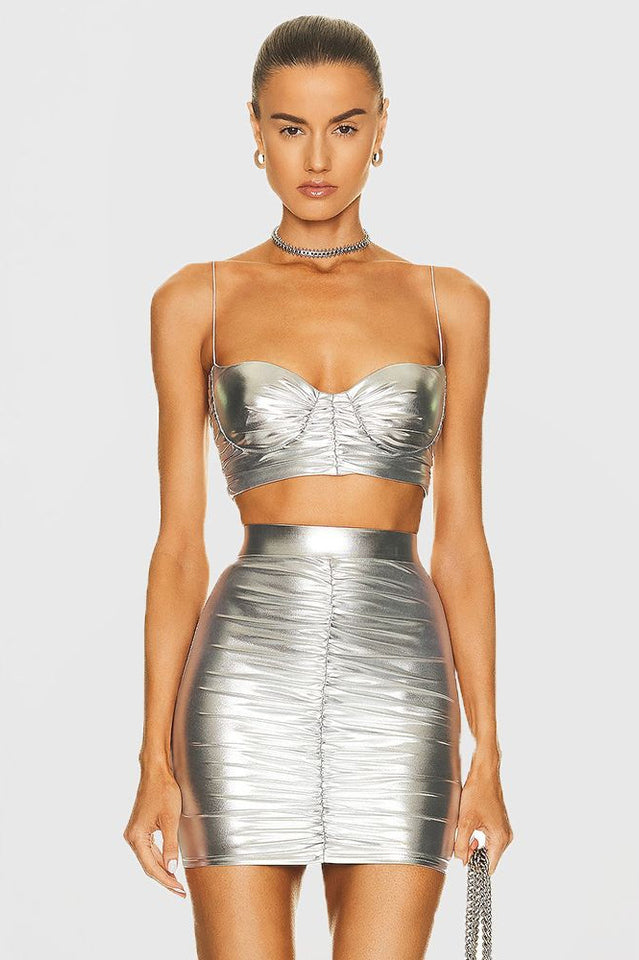 Ruched Metallic Bralette and Skirt Set