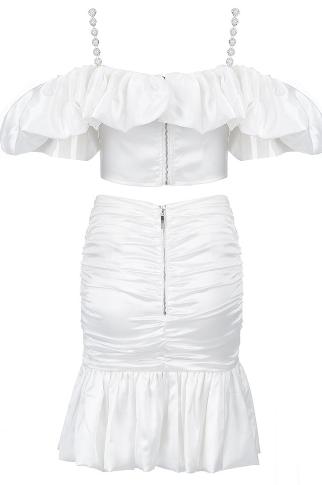 White Satin Crop Top & Mermaid Skirt Set