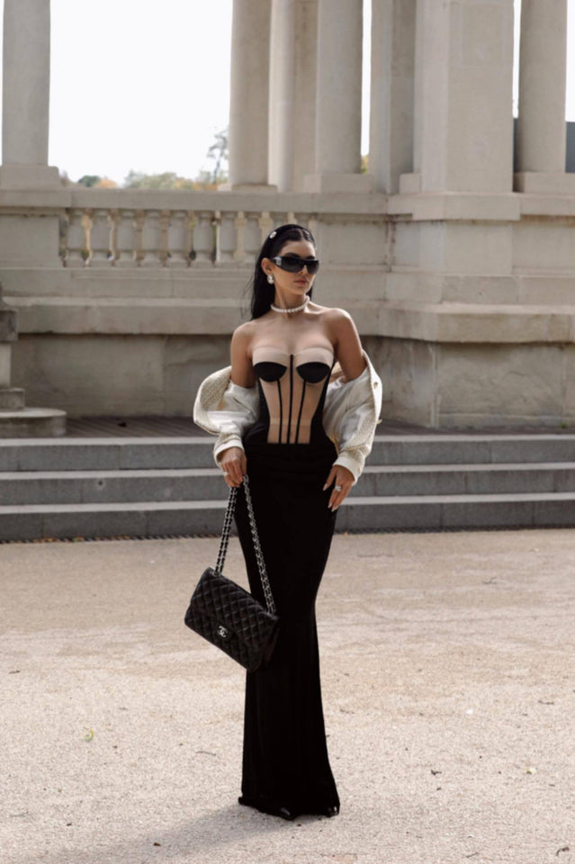 Black Bandage Bustier And Chiffon Maxi Skirt Set