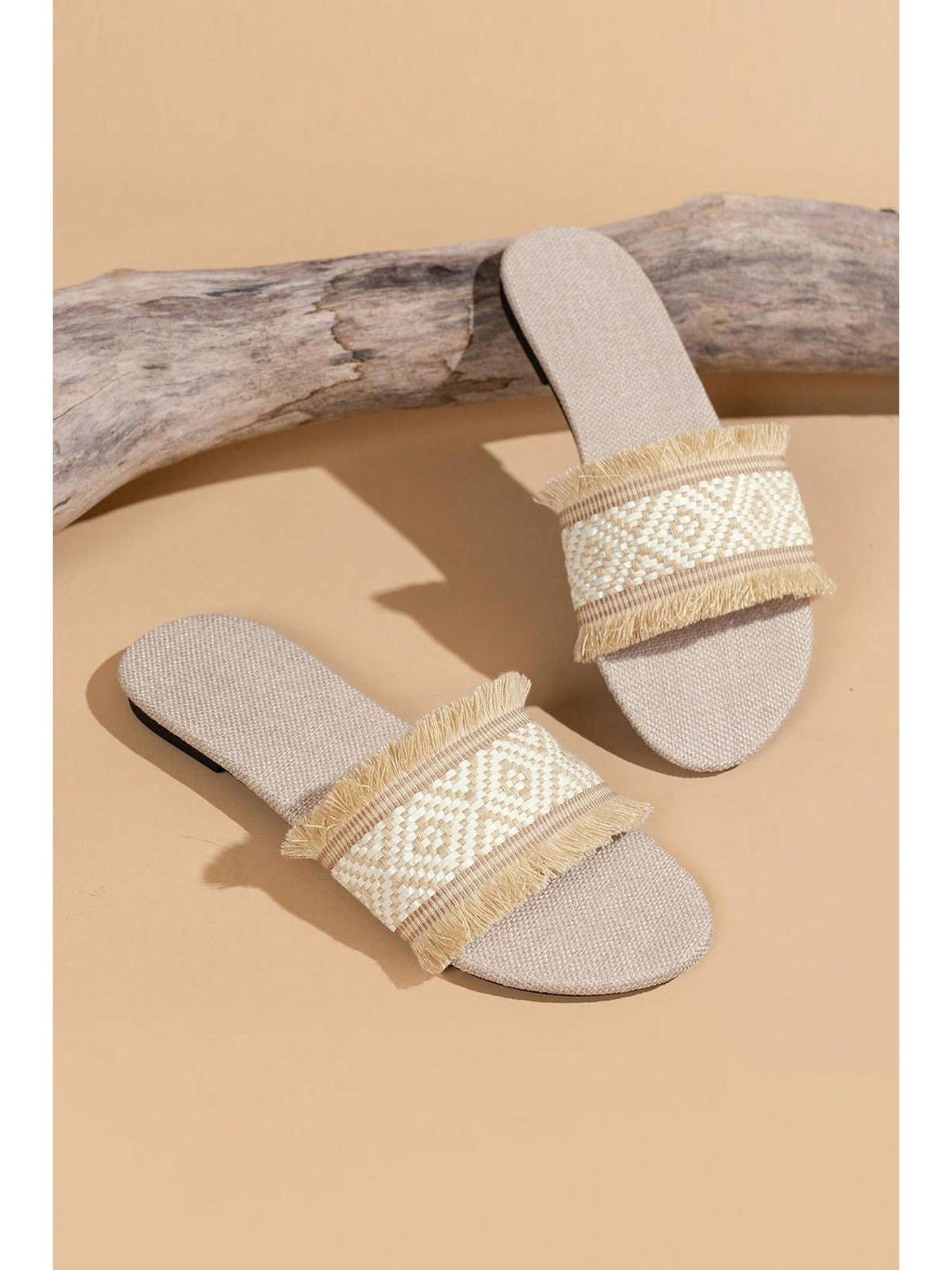 Fringed Weave Beach Slides in Linen Fabric