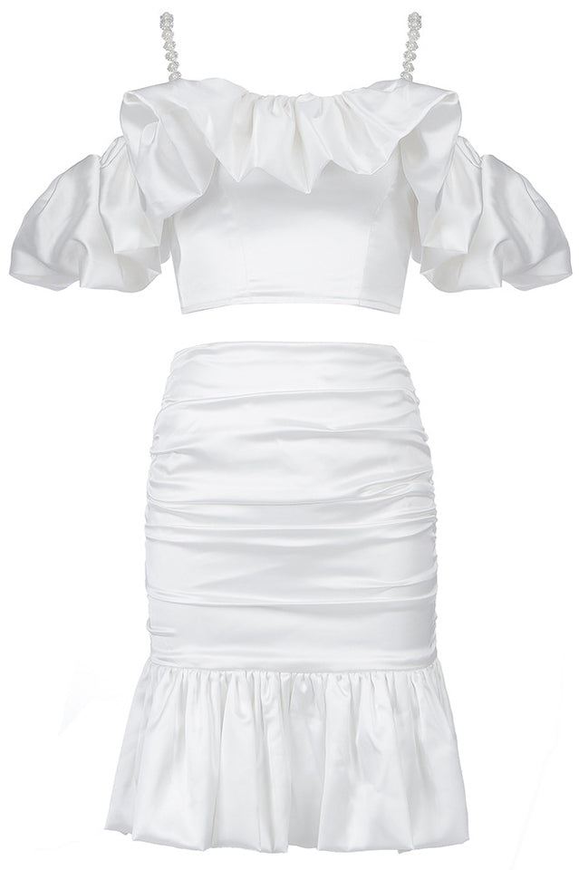 White Satin Crop Top & Mermaid Skirt Set