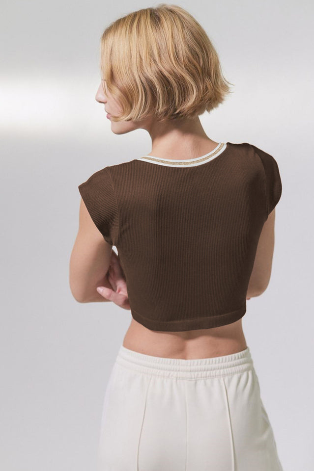 Notched Neck Cap Sleeve Cropped Tee Top