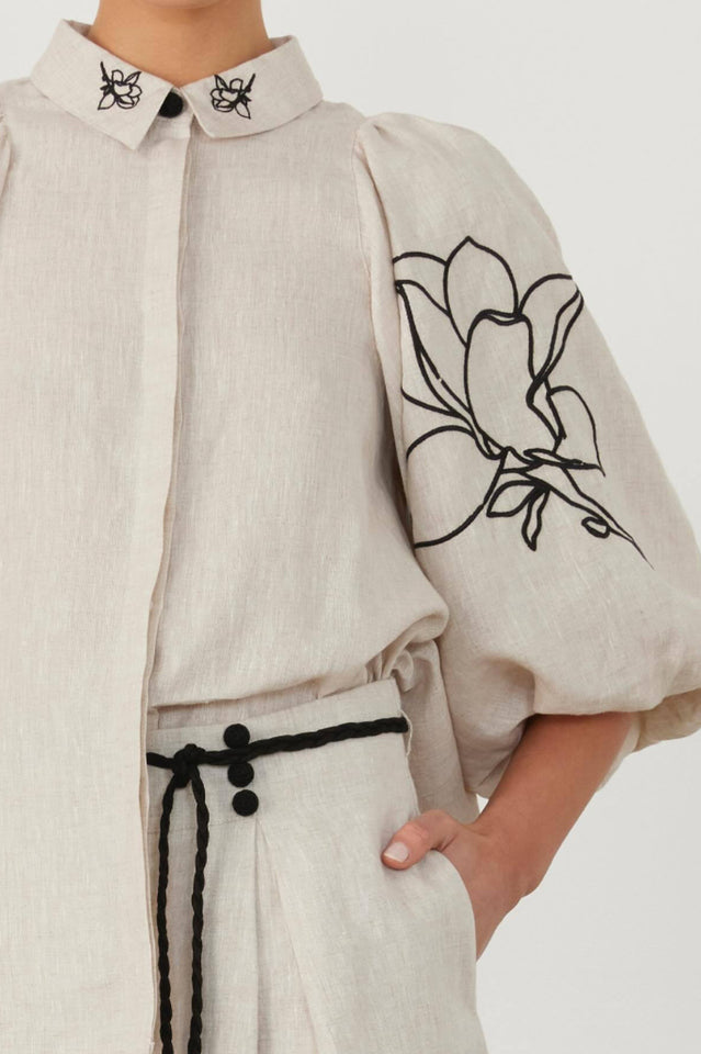 Lola Linen Embroidery Shirt And Wide-Leg Pants Set