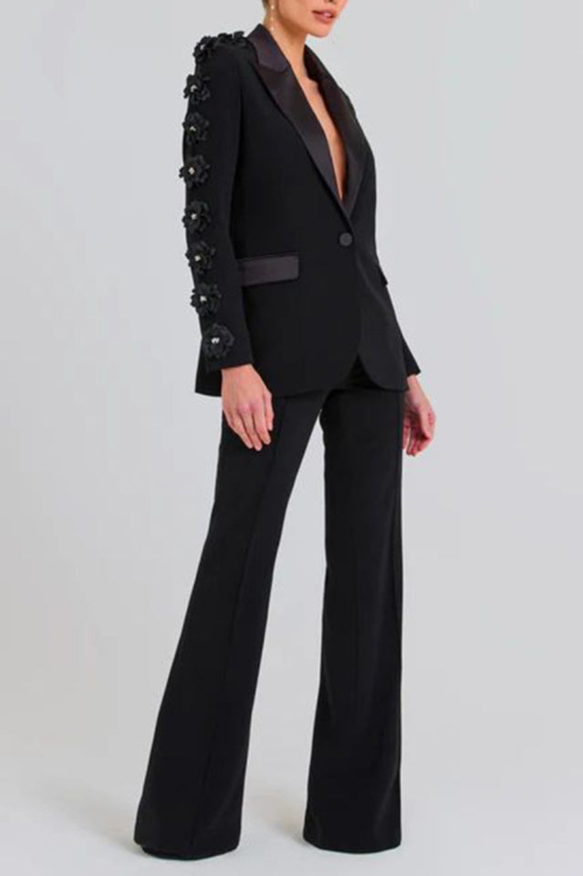 Flower Embellished Black Blazer with Satin Details