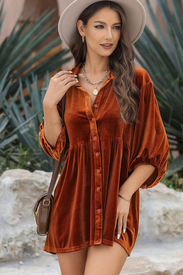 Chestnut Ruffle Velvet Tunic Top for Effortless Elegance