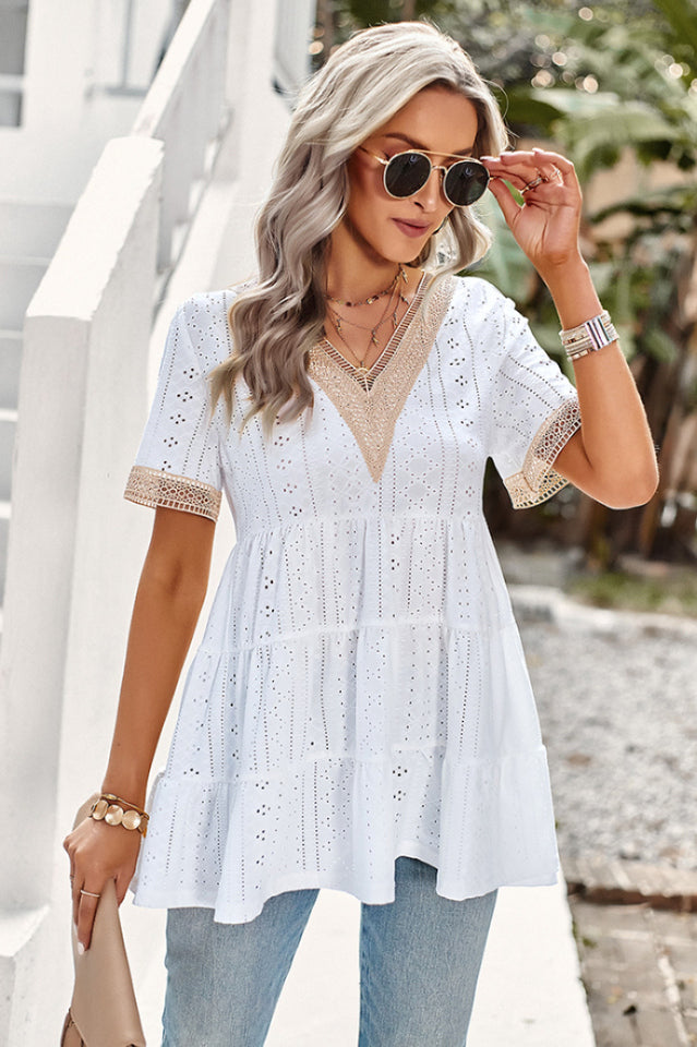 Contrast Short Sleeve Tiered Blouse in Eyelet Design