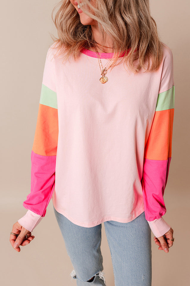 Colorblock Patchwork Long Sleeve Loose Top for Comfort