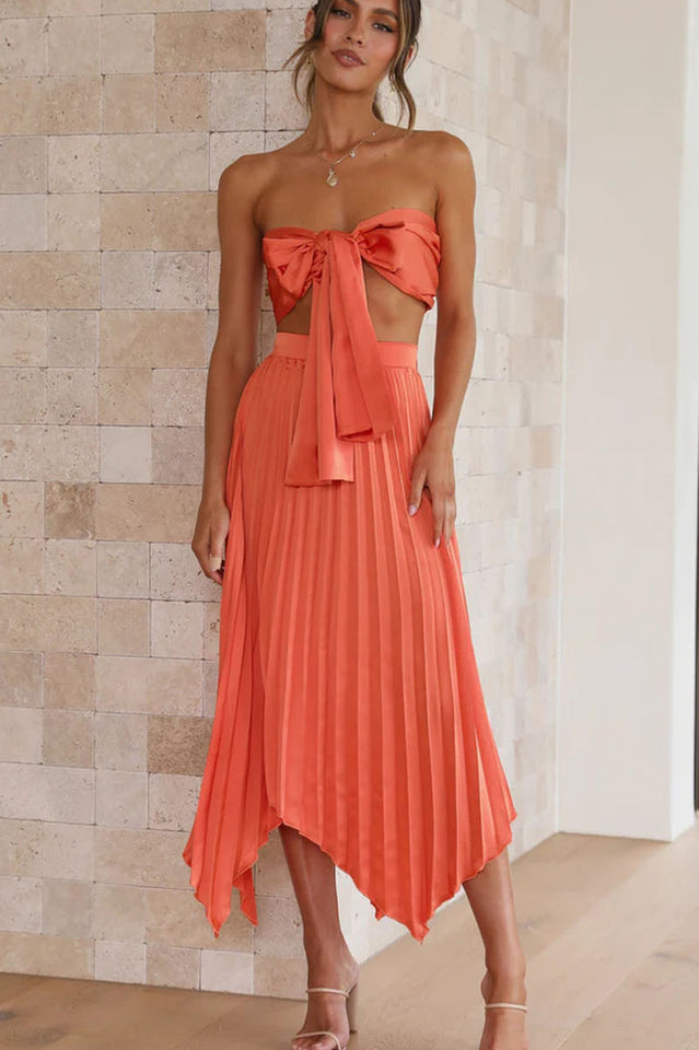 Tilley Pleated Top and Skirt Set With Asymmetrical Hemline