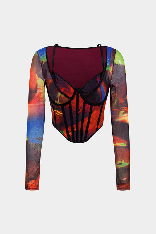 Abstract Print Mesh Corset Long-Sleeve Top