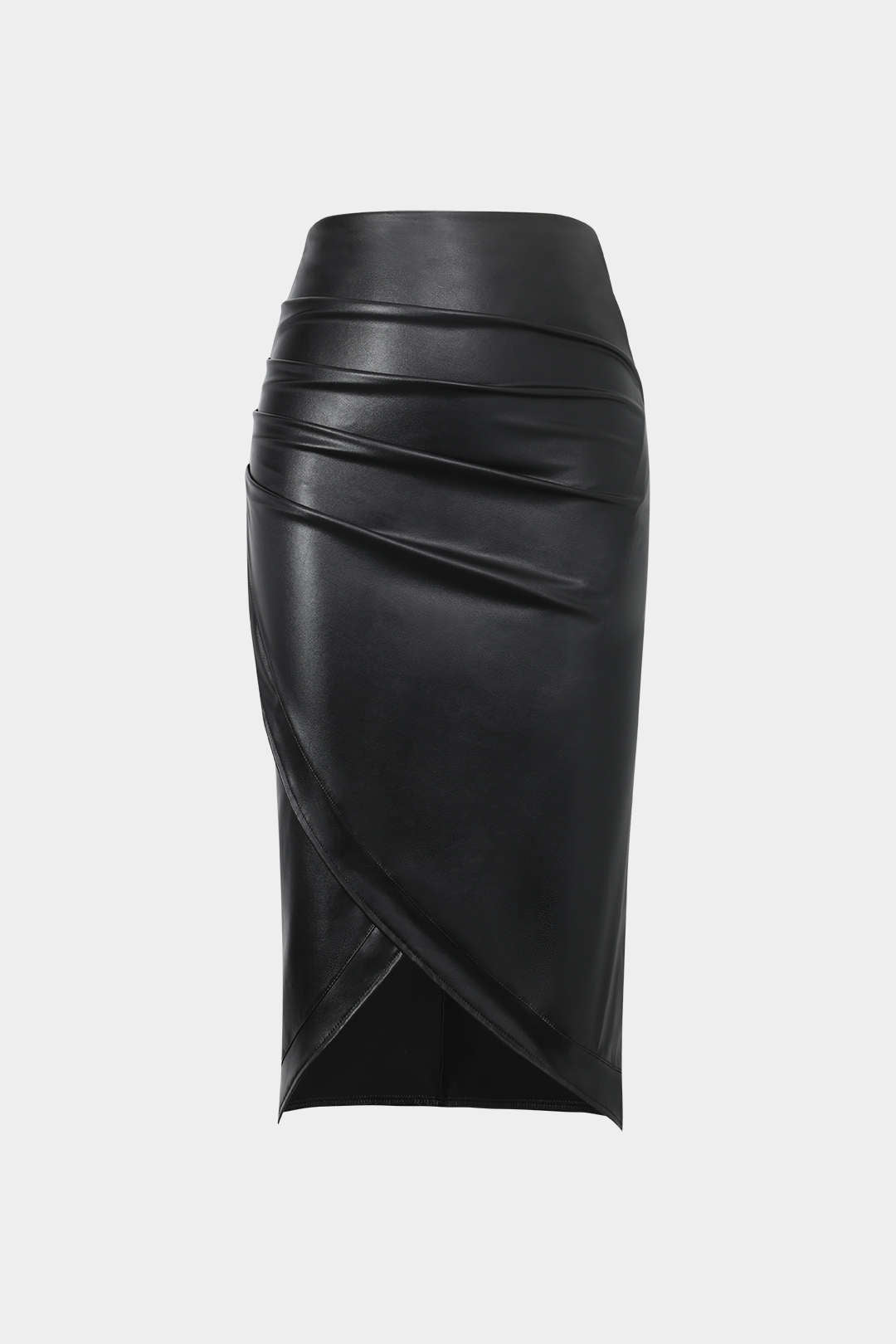 Faux Leather Wrap Ruched Midi Skirt for Chic Style