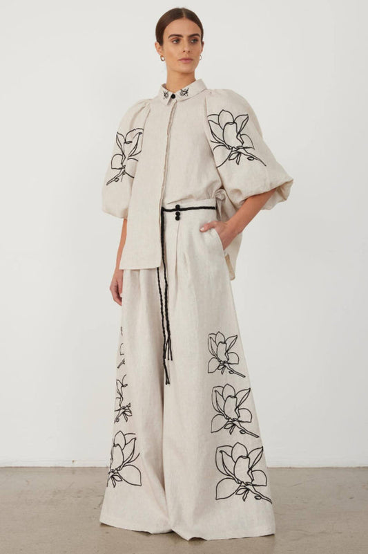 Lola Linen Embroidery Shirt And Wide-Leg Pants Set