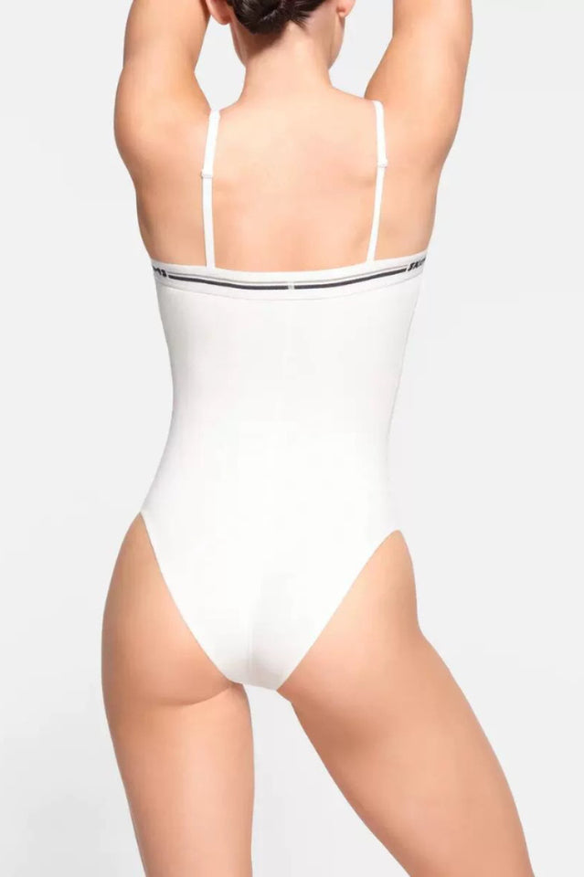 Logo Straight Neck Bodysuit with Striped Elastic Band